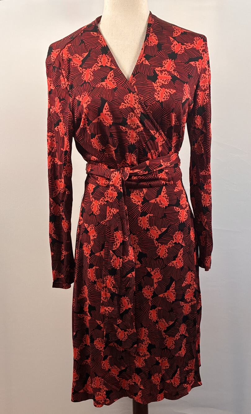 Vintage DVF Diane von Furstenberg Silk Jersey Wrap Dress Red Black Butterfly S10